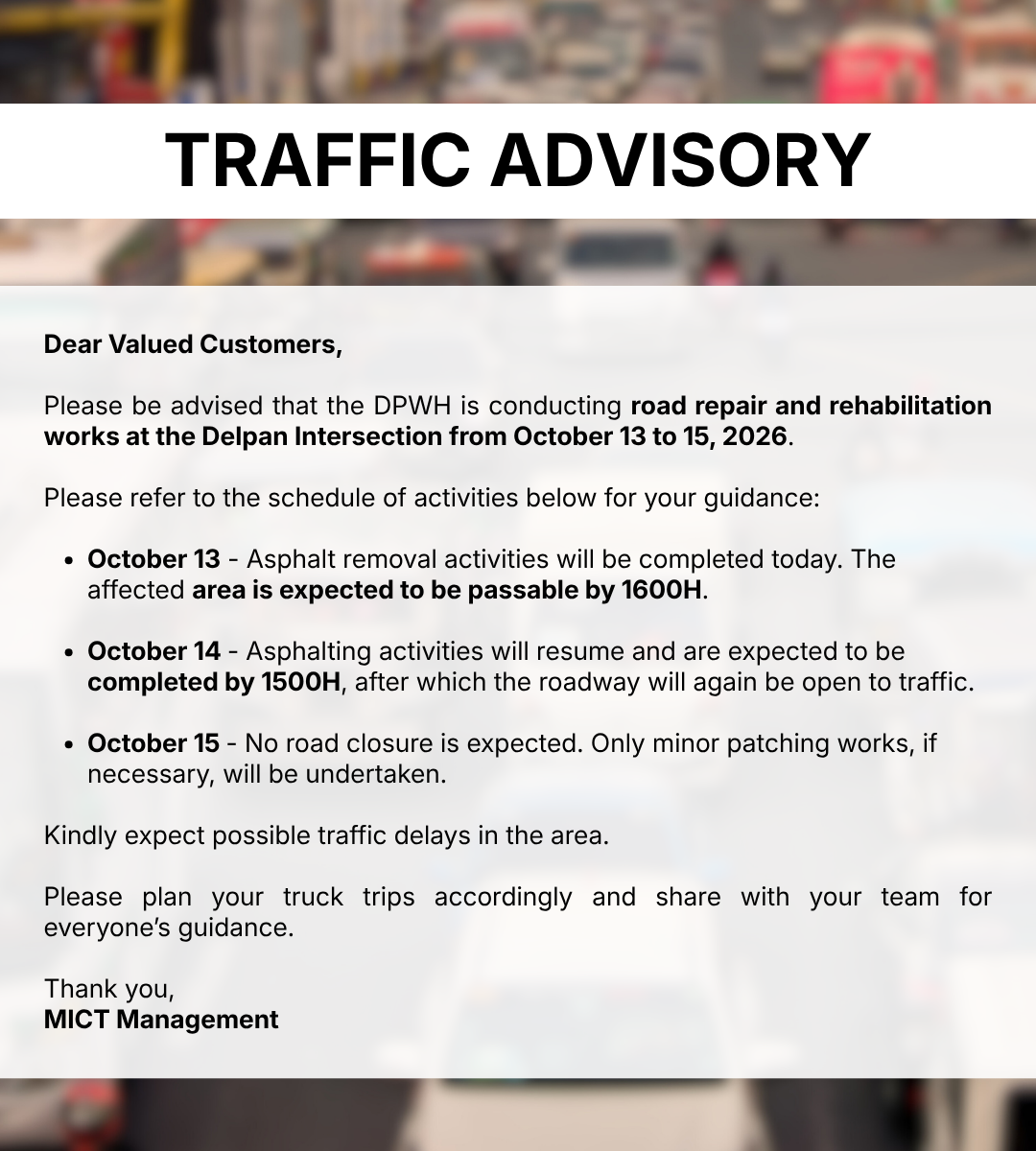 Advisory Traffic Advisory: Road Repair and Rehabilitation works at the Delpan Intersection from October 13 to 15, 2026